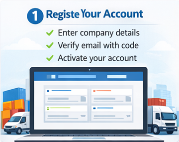 Formulaire d’inscription ExusTrans pour transporteurs avec informations d’entreprise et numéro de TVA, ainsi que vérification par e-mail